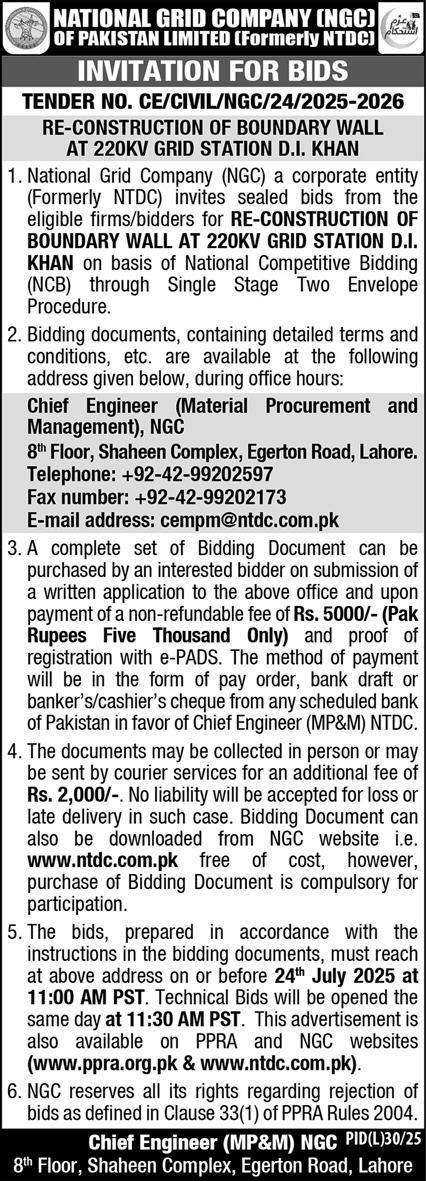 National Grid Company of Pakistan Limited Lahore Tender Notice